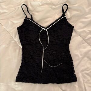 Hollister Black Lace Tank Top with White Ribbon
